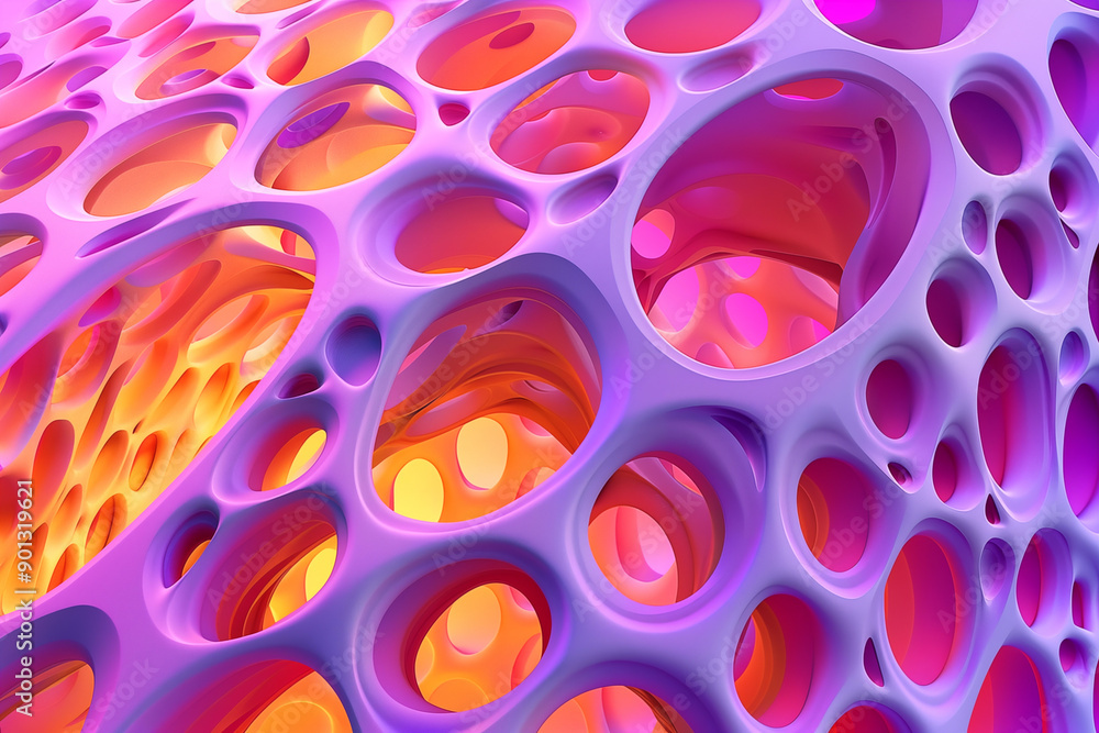 Striking of an organic mesh-like structure featuring vibrant pink, purple, and orange hues against a smooth gradient backdrop. Pores of the mesh vary in size and depth, creating a surreal landscape. Striking of an organic mesh-like structure featuring vibrant pink, purple, and orange hues against a smooth gradient backdrop. Pores of the mesh vary in size and depth, creating a surreal landscape.
