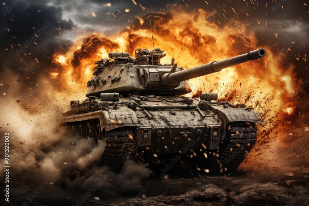 Powerful tank advances under a fiery explosion on a dramatic battlefield Powerful tank advances under a fiery explosion on a dramatic battlefield