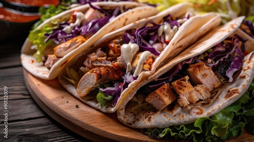 Wallpaper Mural Delicious grilled chicken tacos filled with fresh vegetables and served on a wooden platter, perfect for food lovers. Torontodigital.ca