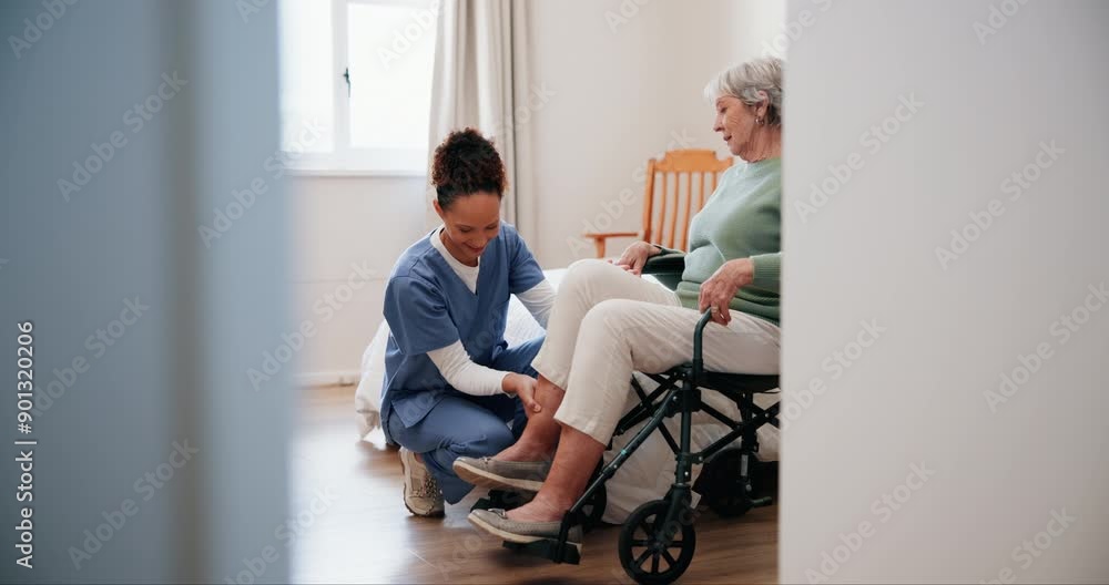 Senior, woman and caregiver in bedroom with series for hair care, getting ready and mobility support in wheelchair. Elderly, person and nurse with helping in nursing home for healthcare and grooming Senior, woman and caregiver in bedroom with series for hair care, getting ready and mobility support in wheelchair. Elderly, person and nurse with helping in nursing home for healthcare and grooming