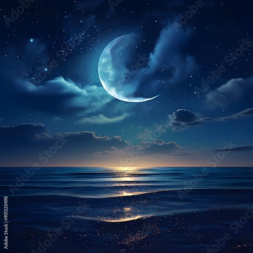 Crescent Moon Over a Tranquil Ocean, crescent moon, tranquil ocean, moonlight reflection, gentle waves, night sky, serene