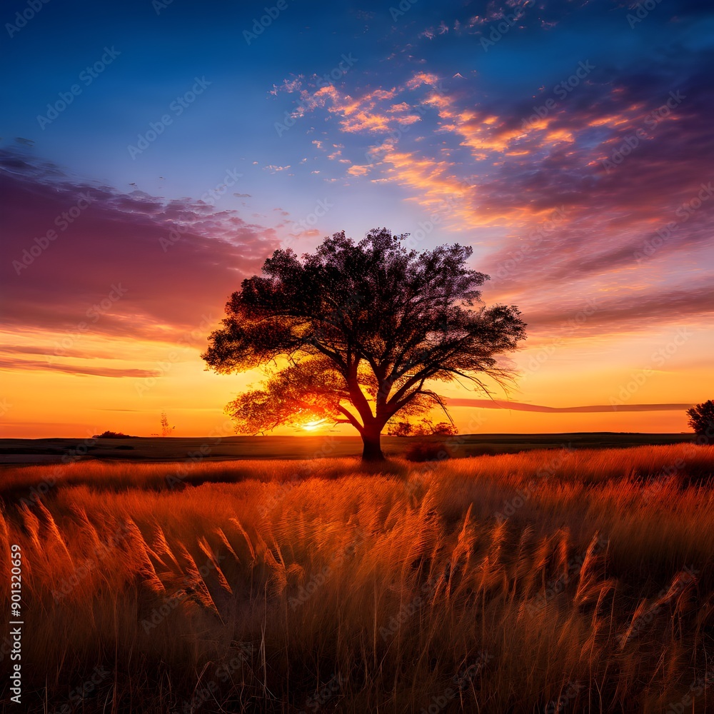 Fototapeta premium Golden Prairie at Sunset, golden prairie, sunset, tall grasses, warm light, solitary tree, scenic