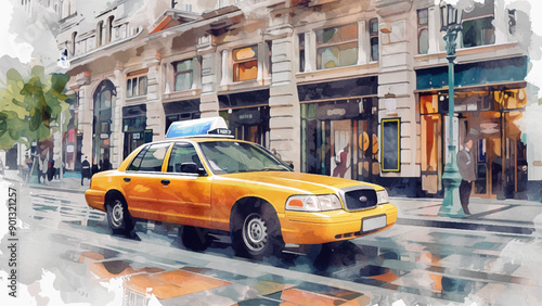 Yellow Taxi Pavement Expensive Shops Watercolor Illustration Background Urban Scene Cityscape Luxury Retail Street View