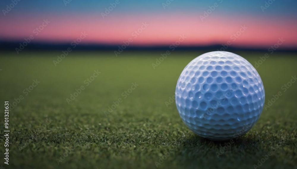 Fototapeta premium A golf ball on grass with a blurred horizon and a blue and pink sky, sunset scene on a golf course