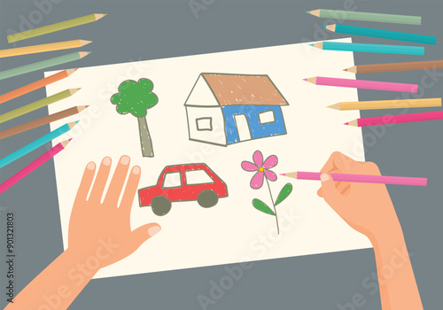 child hand drawing picture with colored pencils