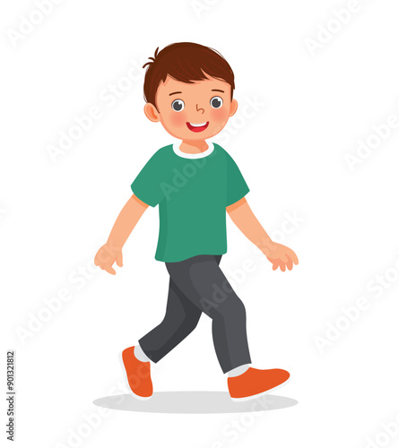 cute little boy walking on the street