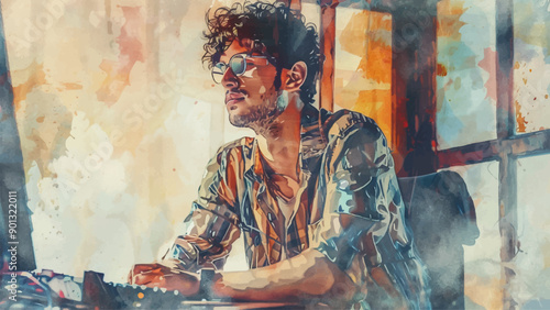 Young Stylish Man in Shirt and Glasses Sitting at Computer Watercolor Illustration Background Modern Technology Digital Workspace Lifestyle Portrait