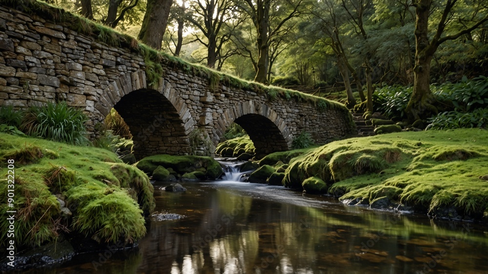 An ancient stone bridge with a stream flowing gently underneath and moss-covered banks. An ancient stone bridge with a stream flowing gently underneath and moss-covered banks.