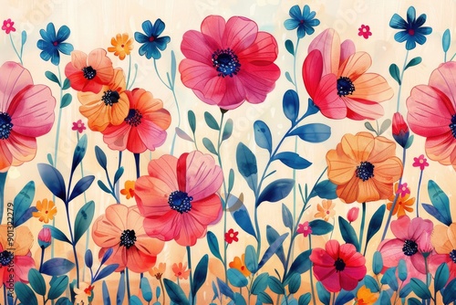 A colorful painting of a field of flowers with a blue sky in the background. The flowers are of various colors and sizes, and they are arranged in a way that creates a sense of depth and movement