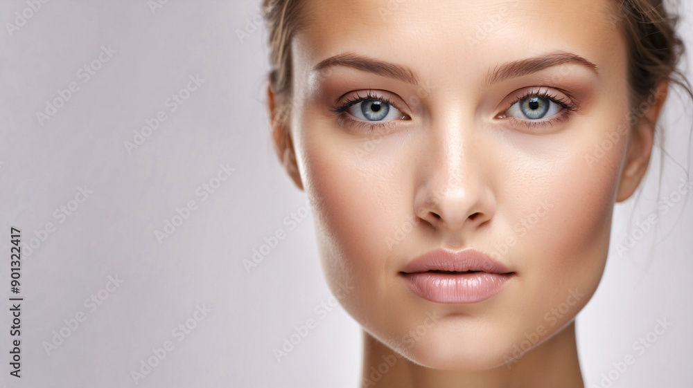 Close-up portrait of a woman with striking blue eyes and natural makeup, highlighting her flawless skin and intense gaze. Close-up portrait of a woman with striking blue eyes and natural makeup, highlighting her flawless skin and intense gaze.