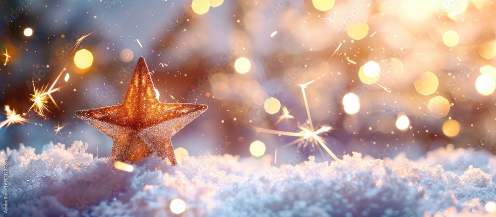 Snow covered scene with Christmas star and sparklers on blurred background perfect for copy space image Snow covered scene with Christmas star and sparklers on blurred background perfect for copy space image