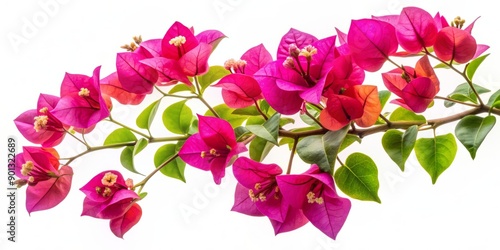 Vibrant blooming branch of bougainvillea with delicate flowers and intricate inflorescence isolated on a pure white background, perfect for design and close-up elements.