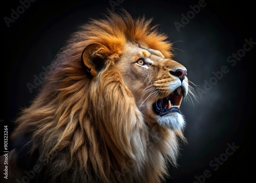 Majestic lion's powerful roar resonates in the darkness, its regal profile illuminated against a black background, showcasing its fierce beauty and untamed spirit.