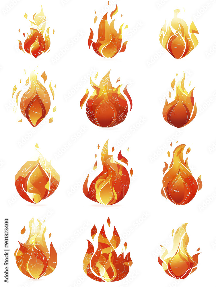 A collection of twelve stylized flame icons, each with unique designs, showcasing vibrant orange and yellow colors on a white background. A collection of twelve stylized flame icons, each with unique designs, showcasing vibrant orange and yellow colors on a white background.