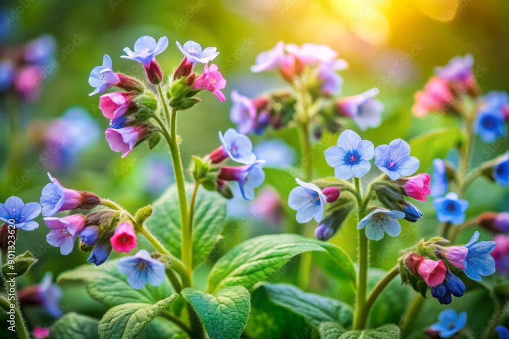Delicate pale blue, pink, and lavender lungwort blooms sway gently amidst lush green foliage, creating a serene and peaceful atmosphere in nature's colorful splendor. Delicate pale blue, pink, and lavender lungwort blooms sway gently amidst lush green foliage, creating a serene and peaceful atmosphere in nature's colorful splendor.