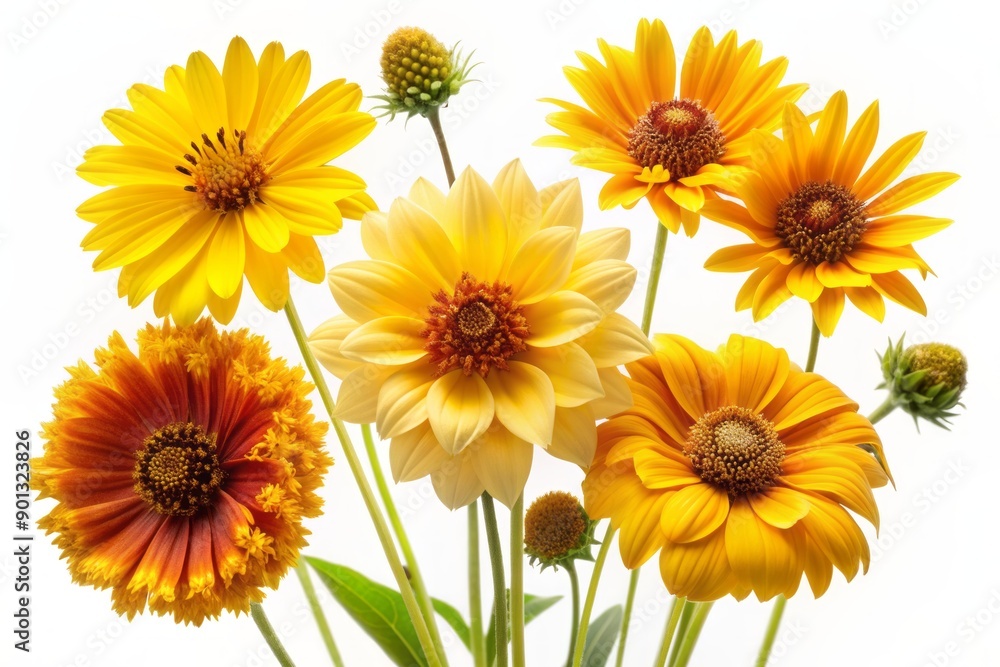 Vibrant yellow blooms of lanceleaf coreopsis, sunflower, heliopsis, and gaillardia flowers isolated on white background, perfect for designing postcards, collages, and botanical art compositions. Vibrant yellow blooms of lanceleaf coreopsis, sunflower, heliopsis, and gaillardia flowers isolated on white background, perfect for designing postcards, collages, and botanical art compositions.