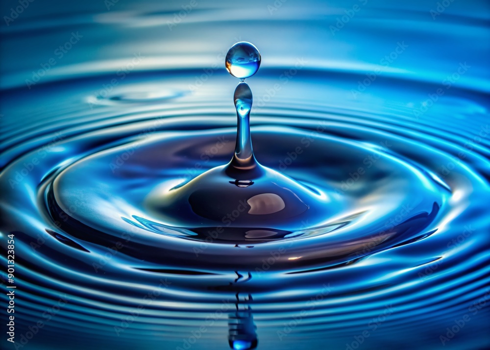 Macro view of a single water droplet striking a calm blue surface, showcasing the fleeting instant of impact and intricate circular ripples unfolding outward. Macro view of a single water droplet striking a calm blue surface, showcasing the fleeting instant of impact and intricate circular ripples unfolding outward.