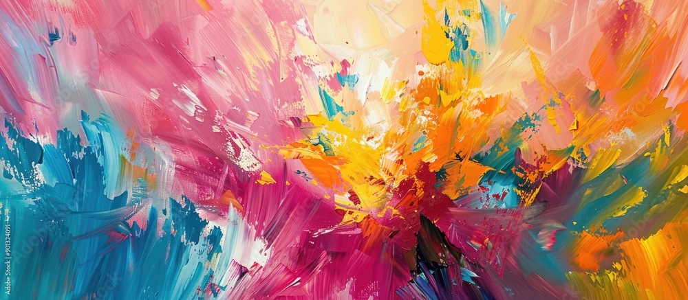 Vibrant large oil painting on canvas with abstract brush strokes and multicolored oil paint creating a noetic impression Copy space image Vibrant large oil painting on canvas with abstract brush strokes and multicolored oil paint creating a noetic impression Copy space image