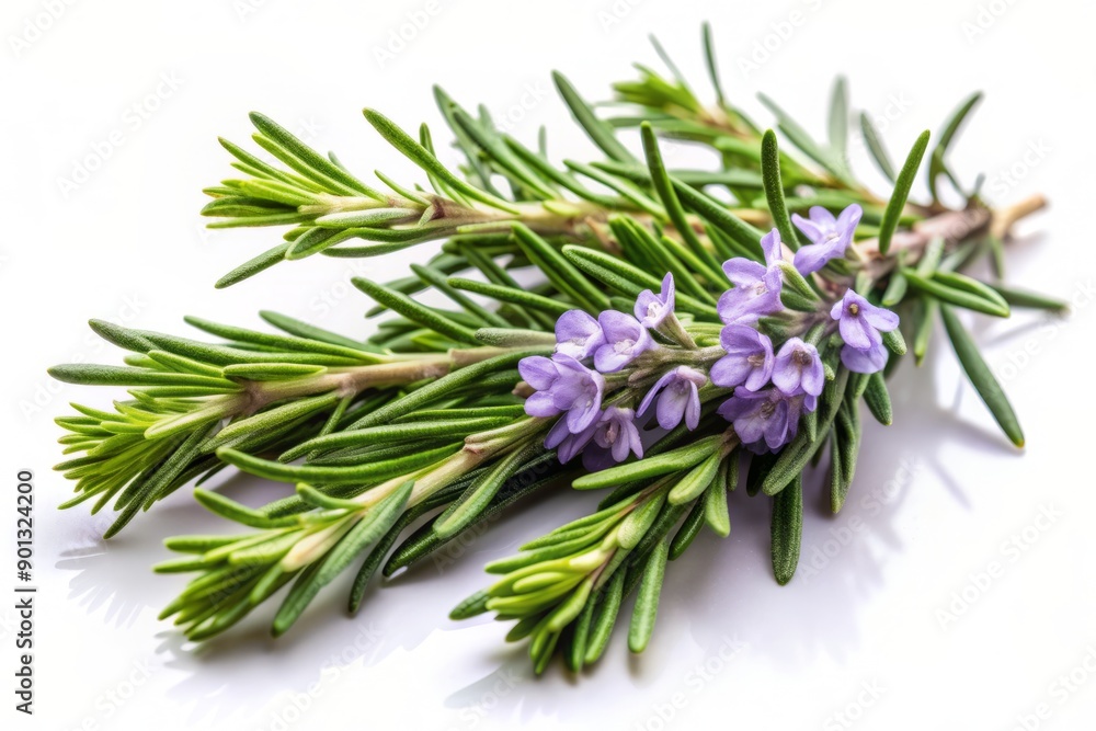 Freshly picked rosemary sprigs with delicate purple flowers and fragrant green leaves arranged artfully on a crisp white background, evoking a sense of simplicity and serenity. Freshly picked rosemary sprigs with delicate purple flowers and fragrant green leaves arranged artfully on a crisp white background, evoking a sense of simplicity and serenity.