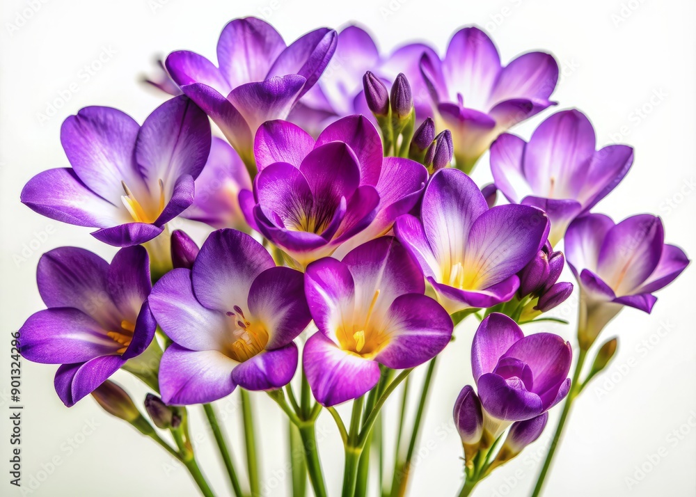 Vibrant purple freesia flowers bloom against a clean white backdrop, showcasing delicate petals and slender stems in striking contrast in this intimate macro shot. Vibrant purple freesia flowers bloom against a clean white backdrop, showcasing delicate petals and slender stems in striking contrast in this intimate macro shot.