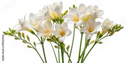 Delicate white freesia flowers with slender stems and subtle fragrance isolated on a pure white background, showcasing their elegant simplicity and beauty.
