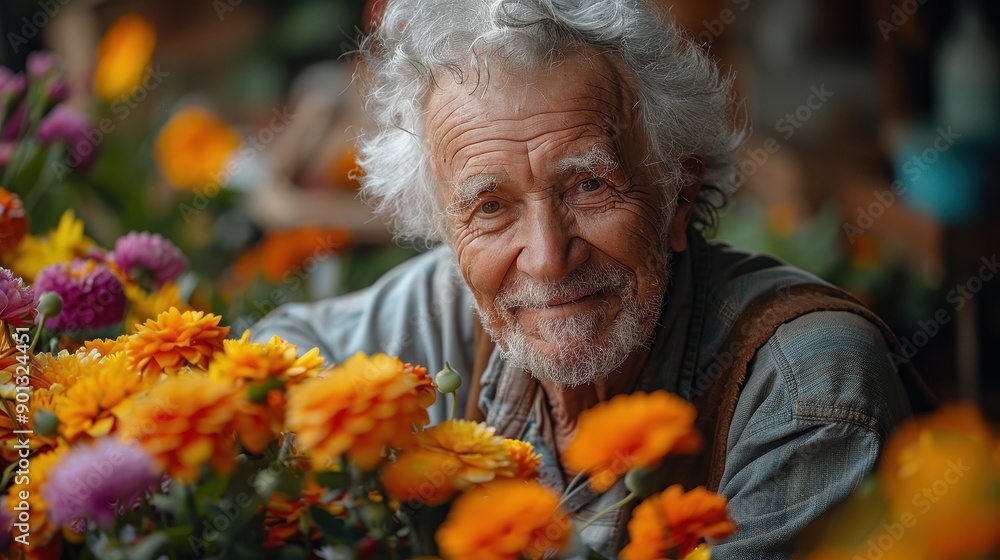 Senior man surrounded by beautiful flowers. Senior man surrounded by beautiful flowers.