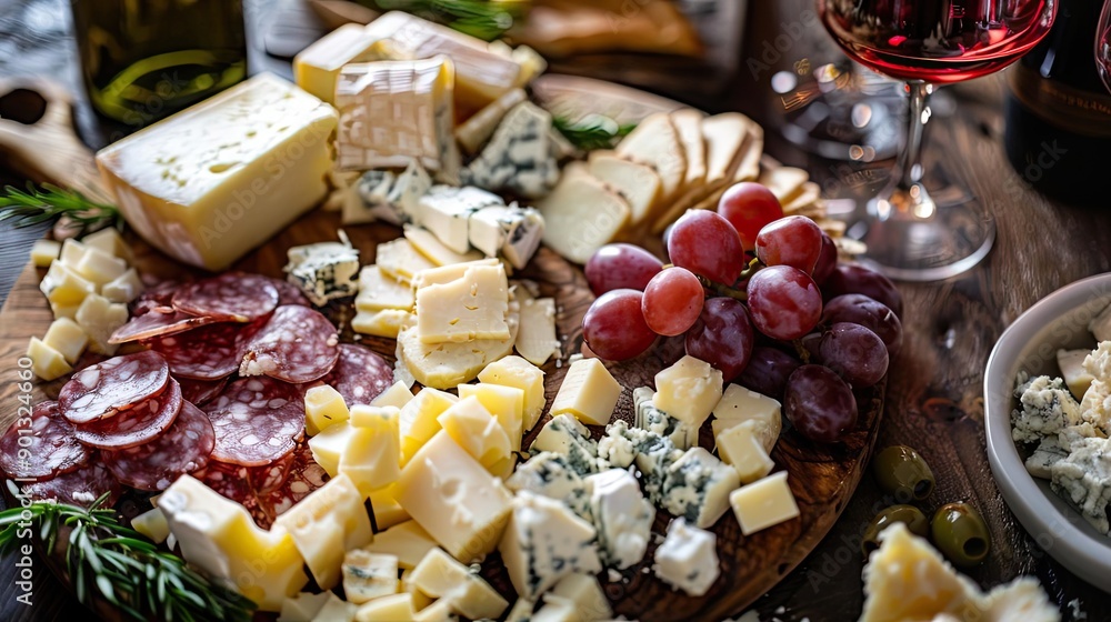 A gourmet cheese and charcuterie board with assorted cheeses, meats, and grapes, accompanied by wine, perfect for an elegant gathering. A gourmet cheese and charcuterie board with assorted cheeses, meats, and grapes, accompanied by wine, perfect for an elegant gathering.