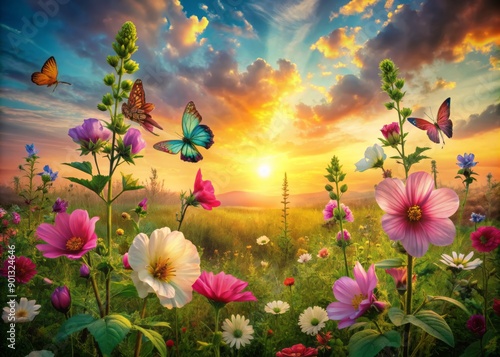 Vibrant multicolored mallow flowers bloom in a lush green meadow, surrounded by fluttering butterflies, against a warm, dreamy dawn sky, digitally painted in a whimsical style. © Sirinporn