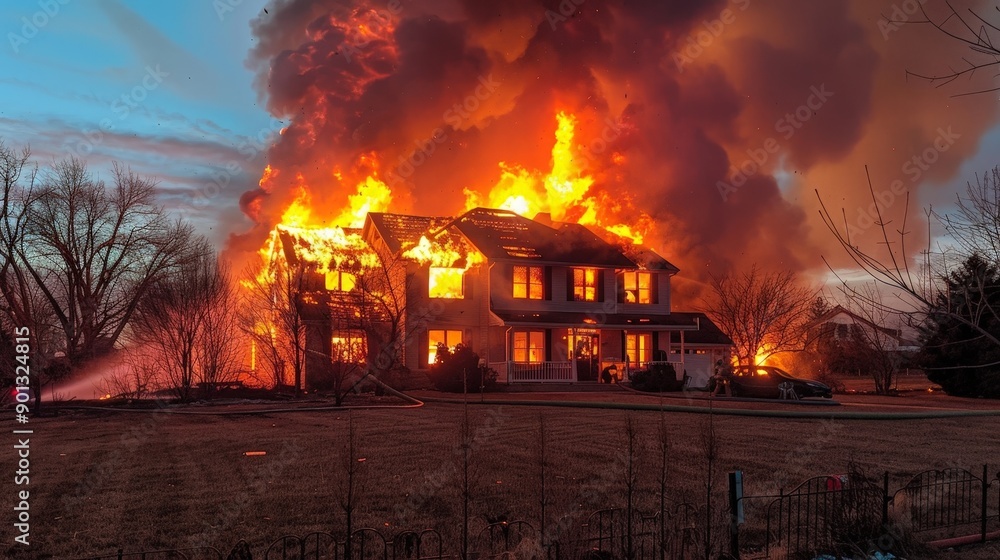House Burning Fiercely Under Twilight Sky House Burning Fiercely Under Twilight Sky