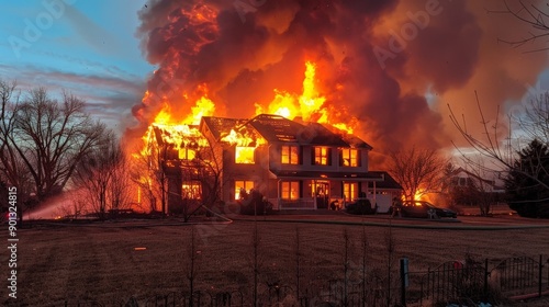 House Burning Fiercely Under Twilight Sky