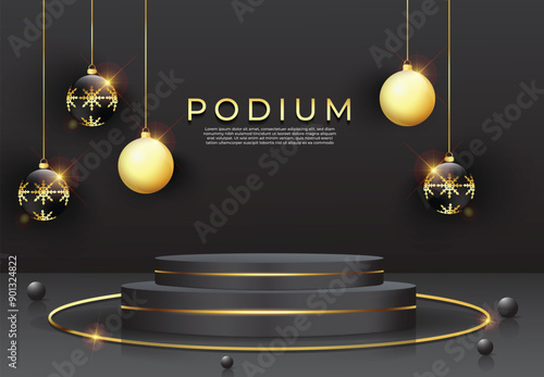 Abstract Christmas product display background design. Merry Christmas Black and golden color podium design. Christmas showcase backgrounds. Pearl art Luxury black color product mockup design