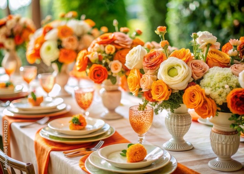 Vibrant orange and white ranunculus centerpieces adorn a lavish wedding party table, paired with peach-hued accents, fine china, and elegant linens, exuding sophisticated whimsy. photo