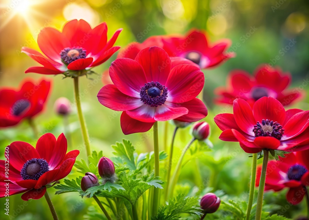 Fototapeta premium Vibrant red anemone flowers bloom in a lush spring garden, surrounded by lush greenery, with delicate petals unfolding against a soft, gradient red background.