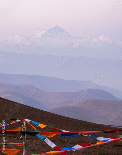 Prayer flags on a Gyatso La mountain pass in the Himalayas photo