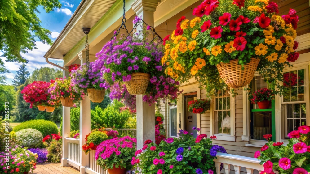 Vibrant flowers spill from overflowing hanging baskets suspended from a charming porch, creating a warm and inviting outdoor space filled with natural beauty. Vibrant flowers spill from overflowing hanging baskets suspended from a charming porch, creating a warm and inviting outdoor space filled with natural beauty.