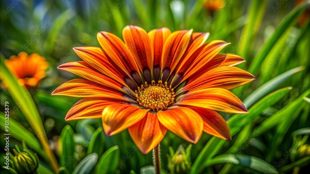 Vibrant orange Linear Gazania flower blooms in a lush green meadow, showcasing delicate petals, yellow center, and slender stems, exuding beauty and serenity. Vibrant orange Linear Gazania flower blooms in a lush green meadow, showcasing delicate petals, yellow center, and slender stems, exuding beauty and serenity.