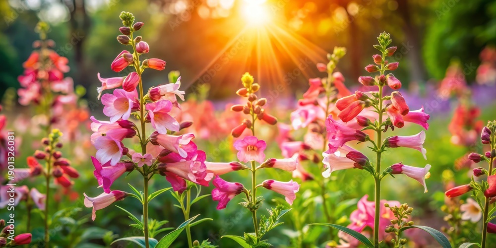 Obraz premium Vibrant penstemon flowers bloom in a lush garden, their trumpet-shaped petals radiating warmth as golden sunshine rays filter through, casting a serene natural ambiance.