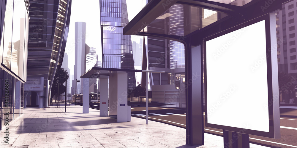 high-quality image featuring an empty poster mockup displayed at a bus stop in a bustling modern city. high-quality image featuring an empty poster mockup displayed at a bus stop in a bustling modern city.