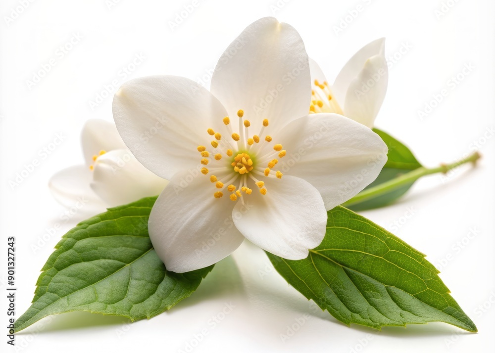 Delicate jasmine bloom isolated on a pure white background, its soft petals and golden center symbolizing love, purity, and reverence for Mother's Day celebrations. Delicate jasmine bloom isolated on a pure white background, its soft petals and golden center symbolizing love, purity, and reverence for Mother's Day celebrations.