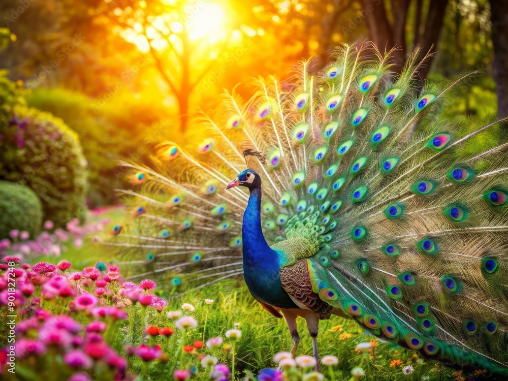 Obraz premium Vibrant plumage of majestic peacock spreads wide, surrounded by lush green foliage and blooming flowers, against a serene, soft focus, warm sunlight background.