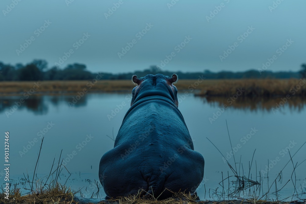 Obraz premium Hippopotamus seated on the pool's edge, facing away