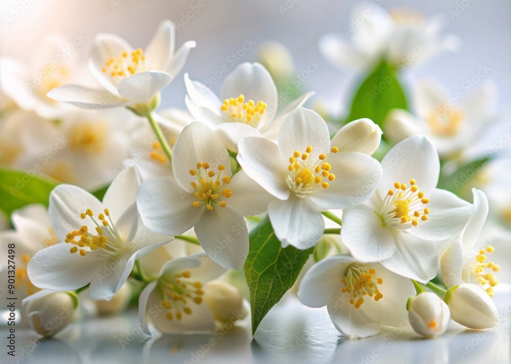 Delicate white jasmine flowers with intricate petals and yellow centers bloom against a soft, pure white background, exuding elegance and serene beauty. Delicate white jasmine flowers with intricate petals and yellow centers bloom against a soft, pure white background, exuding elegance and serene beauty.