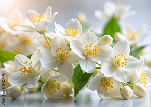 Delicate white jasmine flowers with intricate petals and yellow centers bloom against a soft, pure white background, exuding elegance and serene beauty.