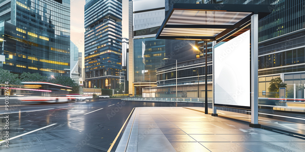 Fototapeta premium high-quality image featuring an empty poster mockup displayed at a bus stop in a bustling modern city.
