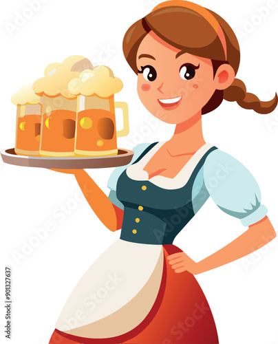 Waitress holding beer in mugs on a tray at oktoberfest