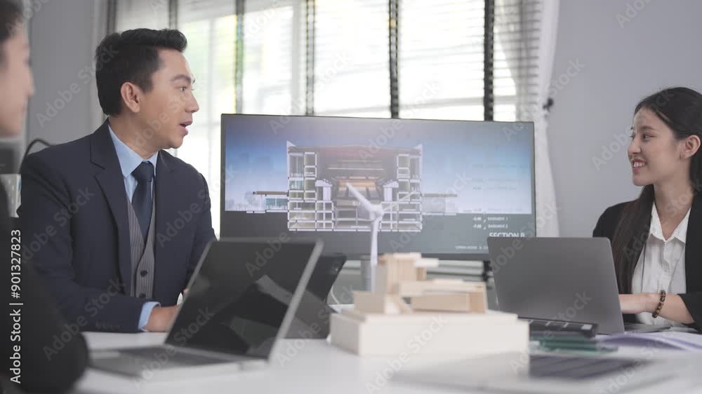 Businesspeople and real estate developers are in a meeting to plan urban and building design for a new project. Team are discussing at desks with computers displaying their work and building plans.