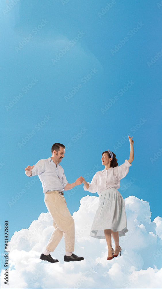 Poster. Contemporary art collage. Carefree happiness. Joyful couple dances among clouds against blue sty. Love and romantic. Concept of art, disco, party, retro fashion, happy and fun. Vintage. Poster. Contemporary art collage. Carefree happiness. Joyful couple dances among clouds against blue sty. Love and romantic. Concept of art, disco, party, retro fashion, happy and fun. Vintage.