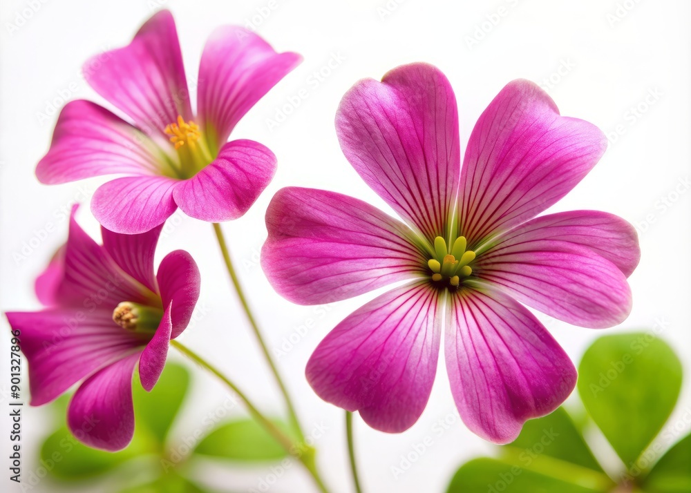 Delicate petals of a vibrant pink oxalis flower unfurl, showcasing intricate textures and patterns, against a clean white background, ideal for creative overlays. Delicate petals of a vibrant pink oxalis flower unfurl, showcasing intricate textures and patterns, against a clean white background, ideal for creative overlays.