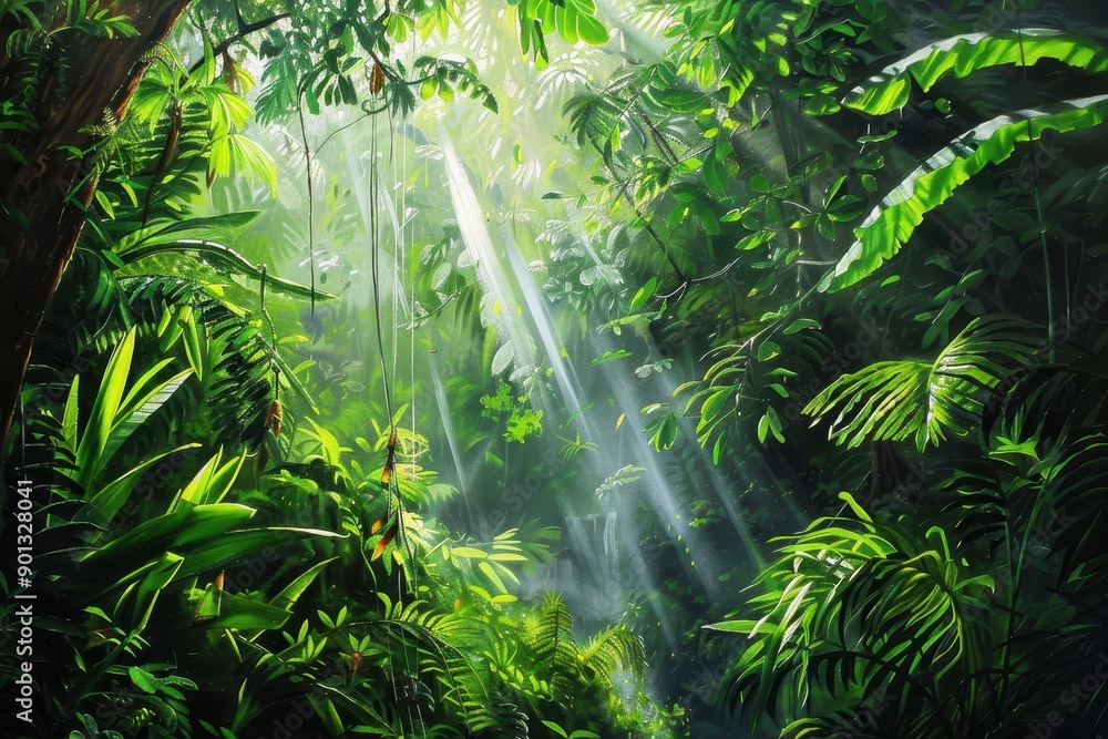 Fototapeta premium Sunlit leaves and vines in a dense green rainforest