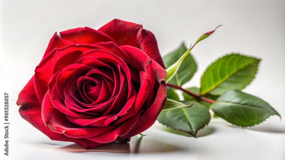 Naklejka premium A lone, velvety red rose in full bloom, with delicate petals and subtle sheen, sits elegantly isolated against a pristine white background.
